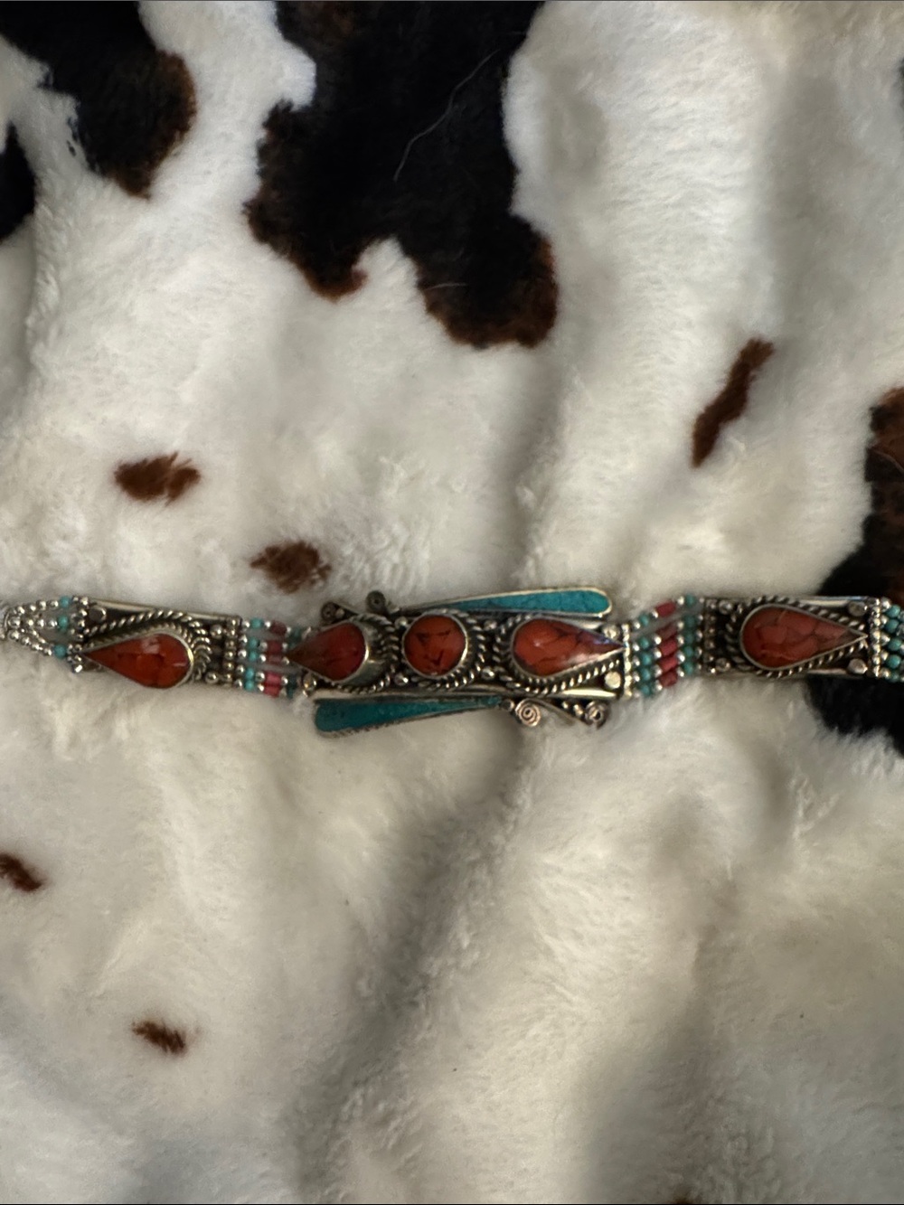 Southwestern real Turquoise & Coral Stone Women’s Bracelet alpaca metal